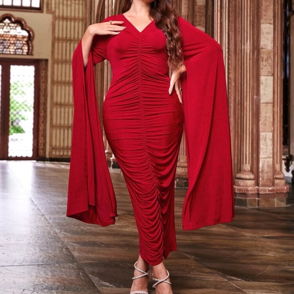 RED glamour RUTCHED midi dress 1x long sleeve - Picture 3 of 4